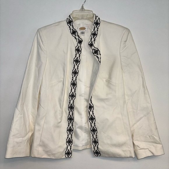 Talbots embellished white jacket 10 petites Open front Black trim cotton Blazer - Picture 8 of 8